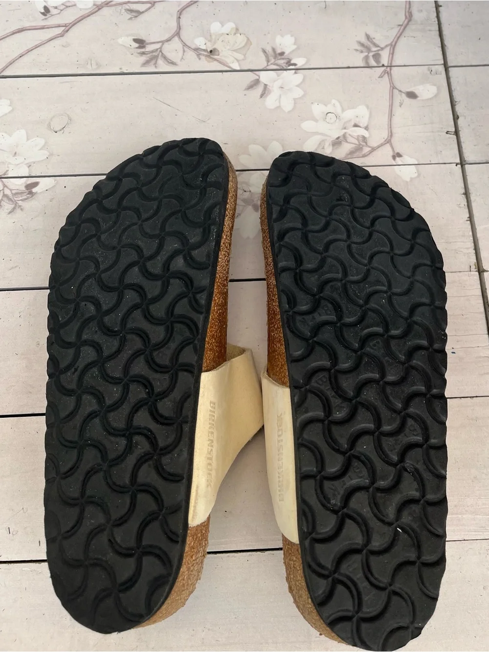 Birkenstock White Suede Thong Sandals with Gold Buckles
